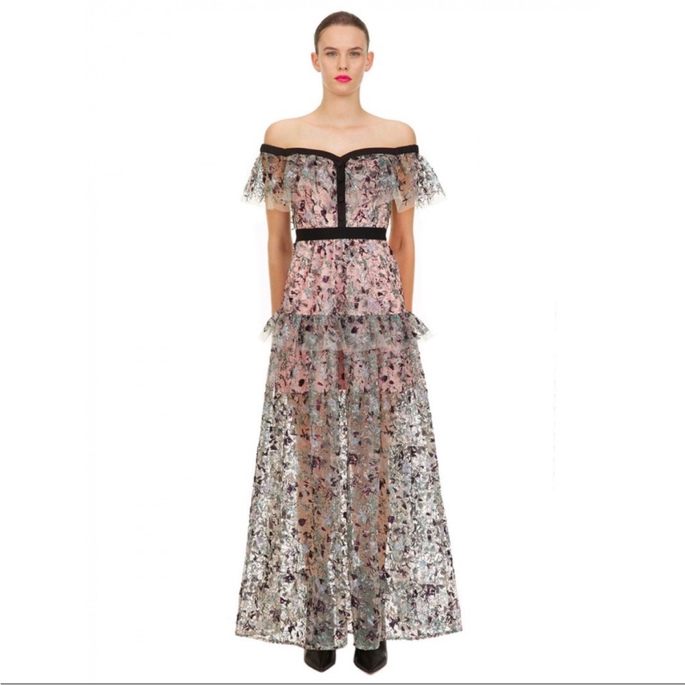Self portrait off the shoulder constellation tiered maxi dress